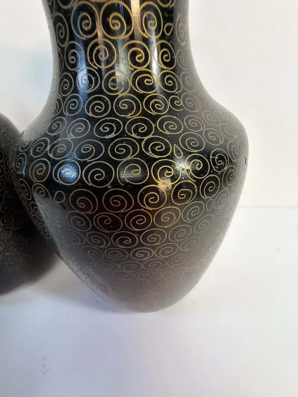 Vintage‎ Pair of Chinese Cloisonné Floral Vases Black Enamel